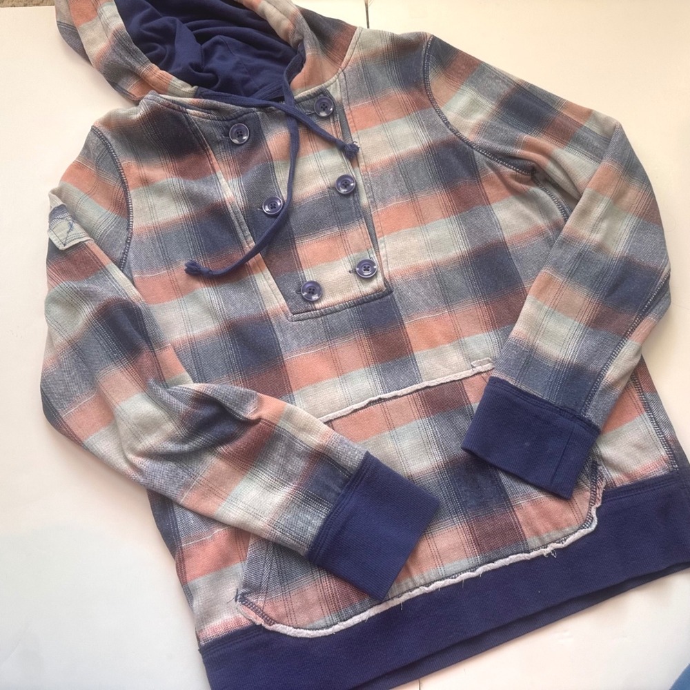 Hurley‎ Plaid Double Breasted Button Hoodie Blue Orange GTHSLUNP Size M